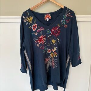 Johnny Was Navy Floral Embroidered Blouse